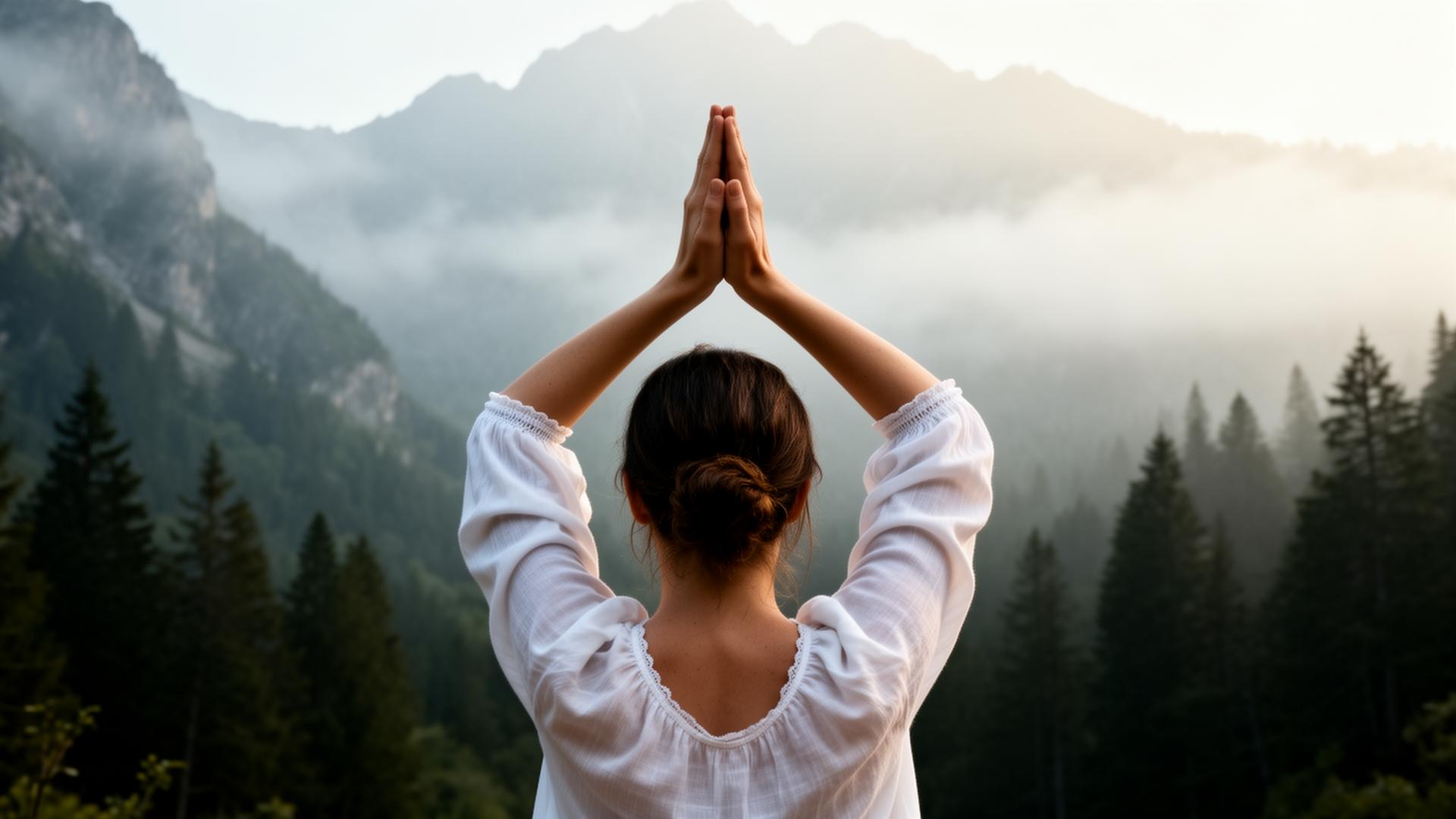 Mulher em postura de meditação diante de montanhas enevoadas