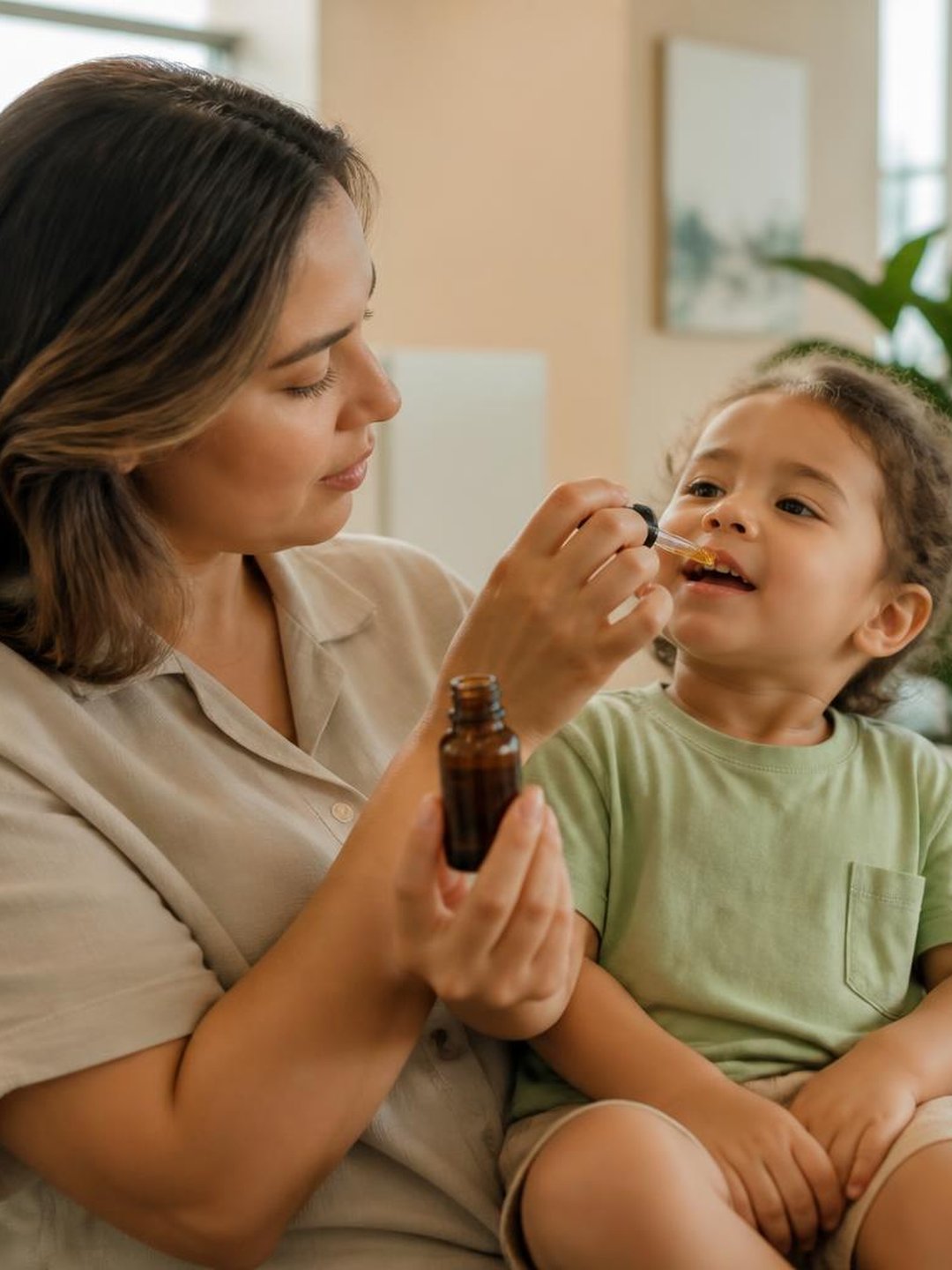 Mãe aplicando óleo de cannabis medicinal na filha, em casa